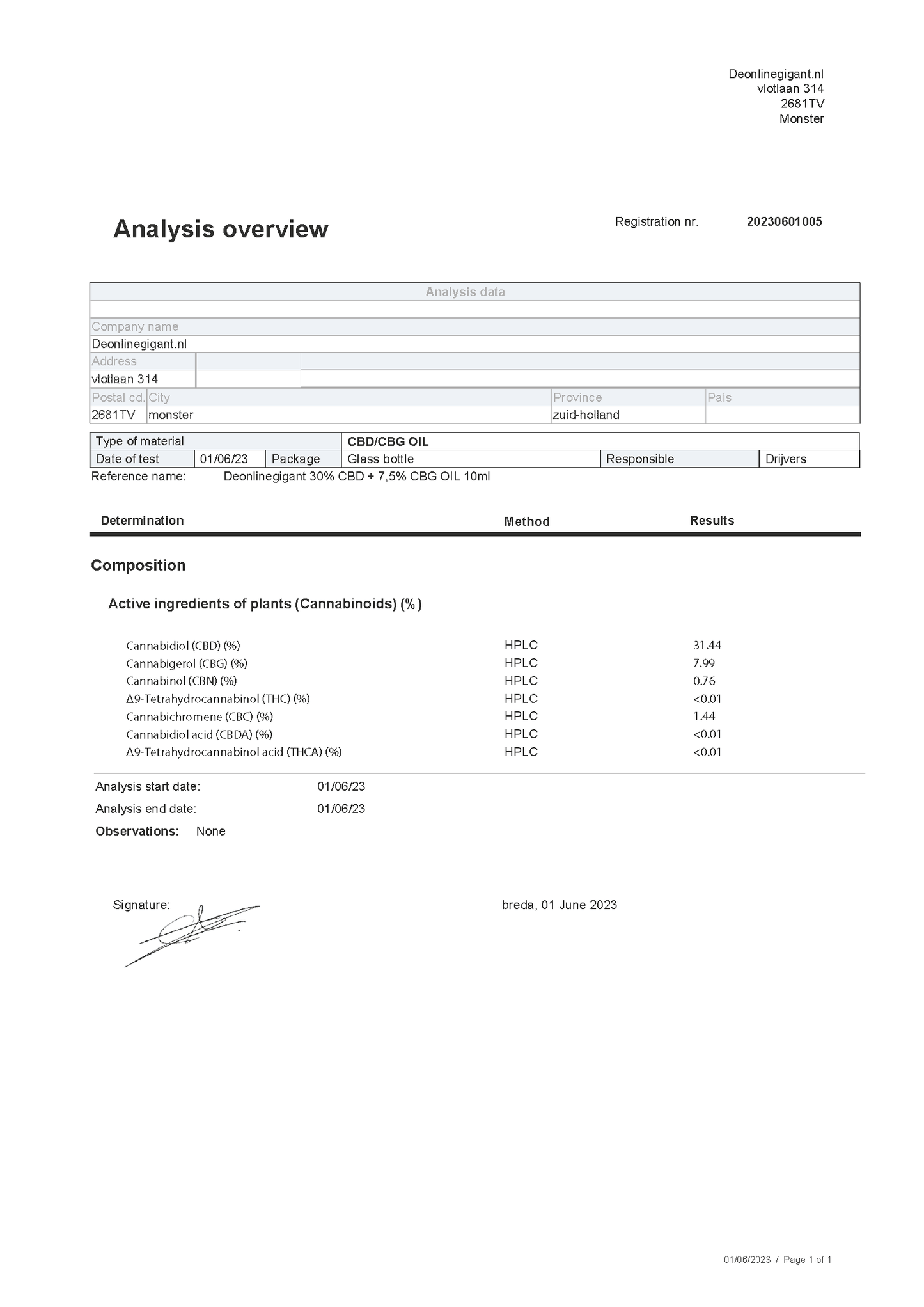 CBD oil 30% / 7.5% CBG oil diluted with organic Olive oil