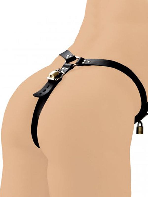 Sexy leren harnasstring met 3 penisriempjes