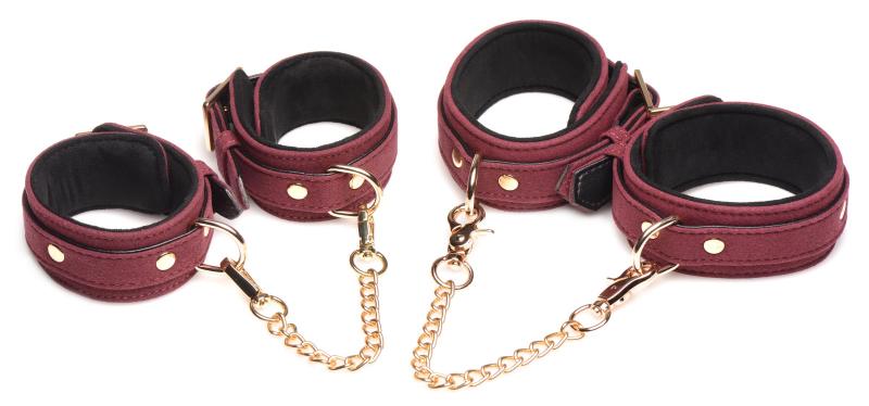 6 Piece BDSM Suede Cuff Set With Collar And Belt - Bordeaux