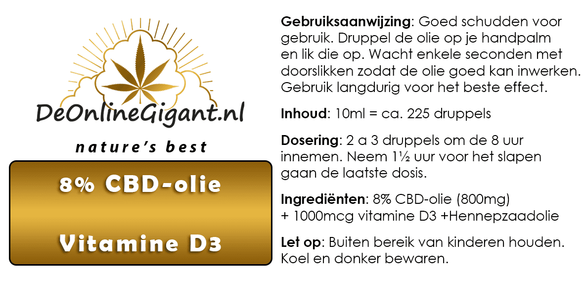 Huile CBD 8% + vitamine D3 10 ml ou 20 ml